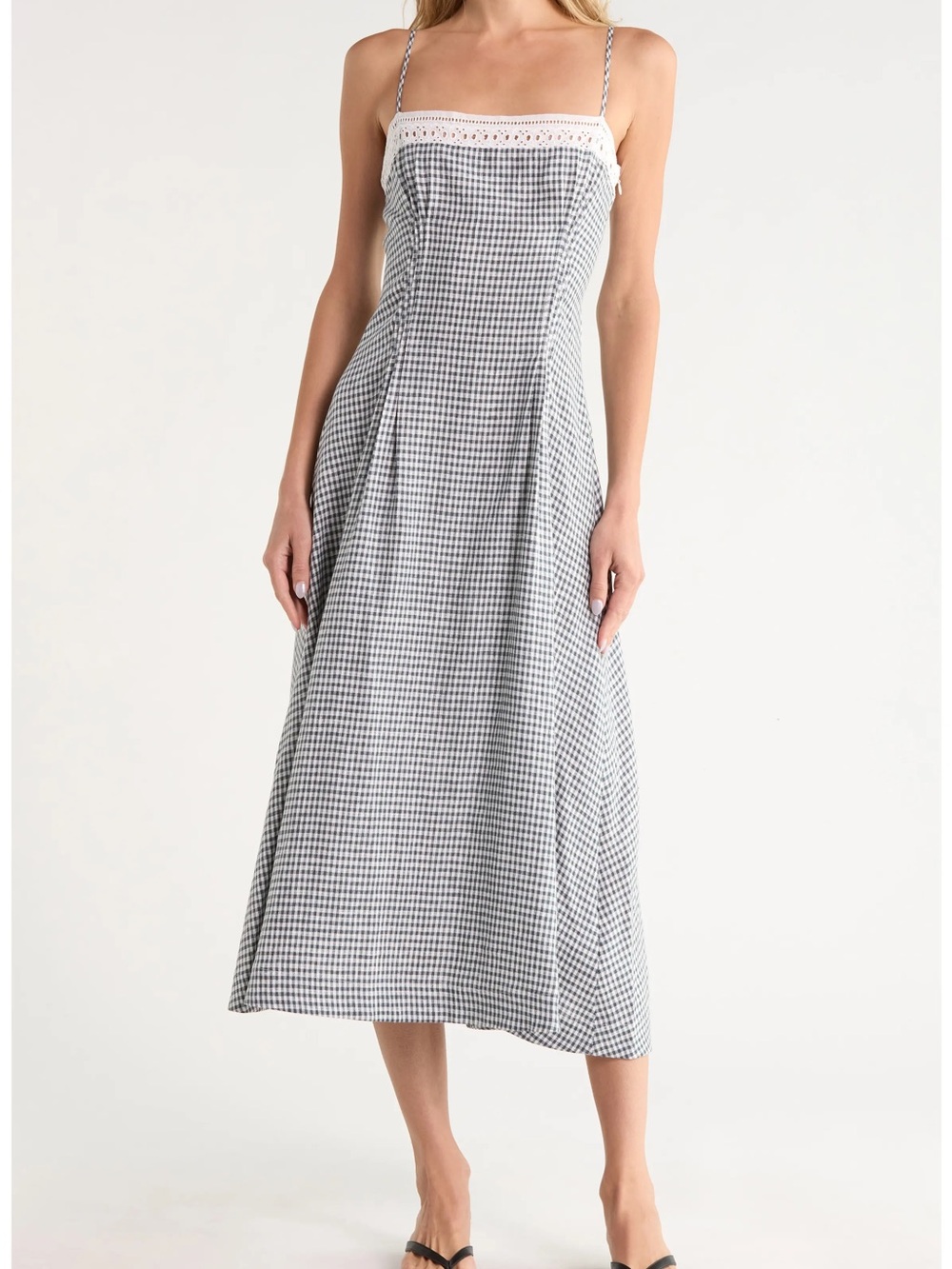 NEW Reformation Ponoma Gingham Spaghetti-Strap Midi Dress with Lace Trim Size 0